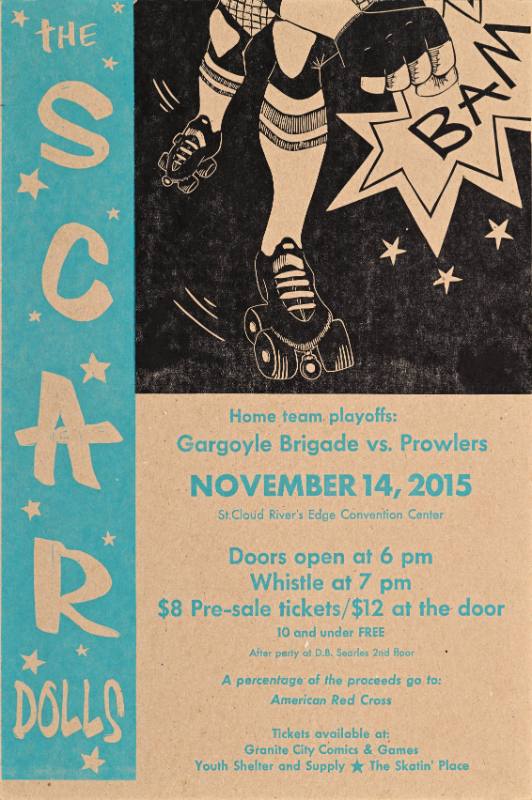 A poster of legs on roller skates next to stylized blue text and stars