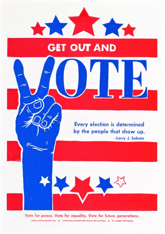 A poster of a hand making a v sign on an american flag background