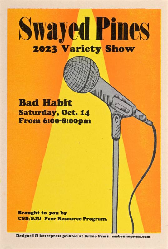 A poster of a microphone on a stand on a yellow and orange spotlit background