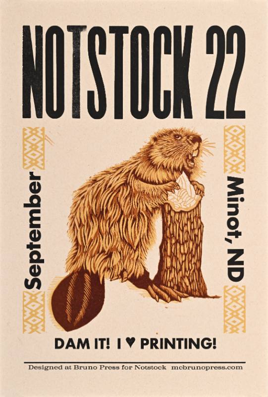 A poster of a beaver chewing on a log below bold black text