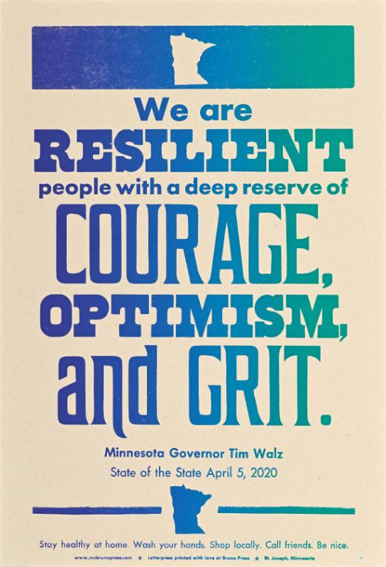 A poster of blue gradiant text below an outline of the state of Minnesota