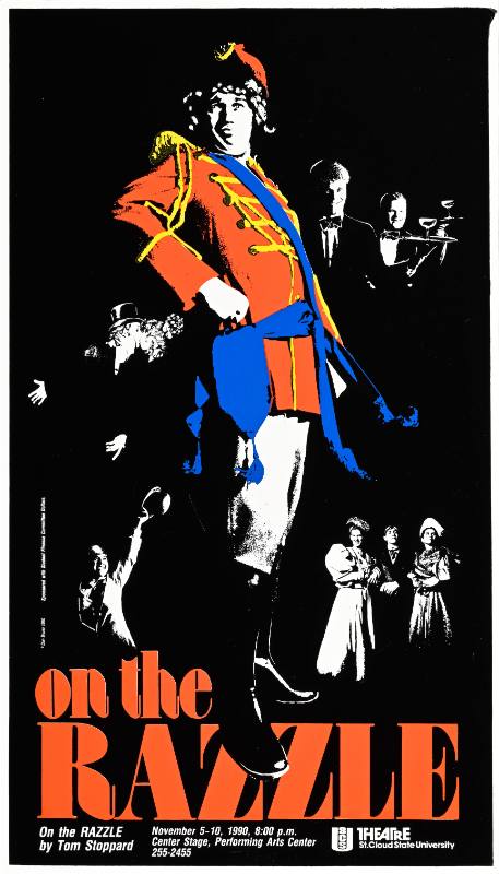 A poster of a white man posing in a military uniform on top of red text on a black background