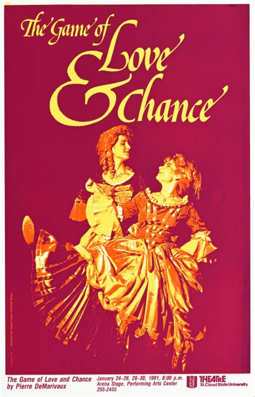 A poster of two women dancing in fancy old fashioned dresses on a purple background