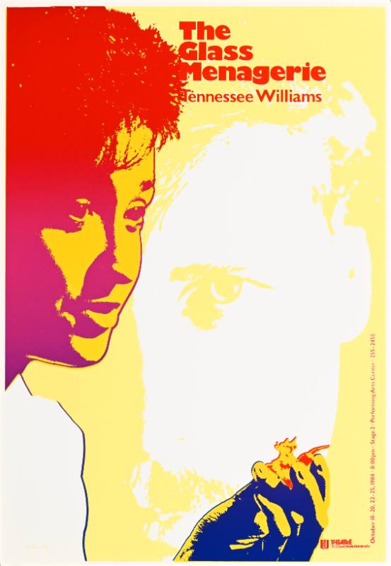 A poster ofa. woman holding a glass bird in her hand on a yellow background