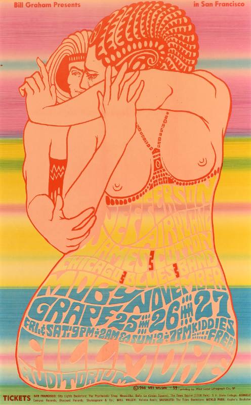 A psychedelic poster of two semi-nude figures in Egyptian-style clothes embracing over a rainbow gradient