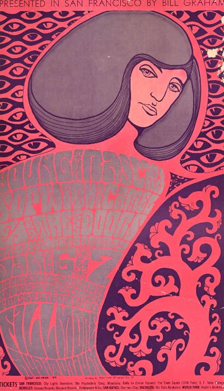 A psychedelic poster of a woman with short hair printed in silver over an ornate pink and purple background and wavy silver text