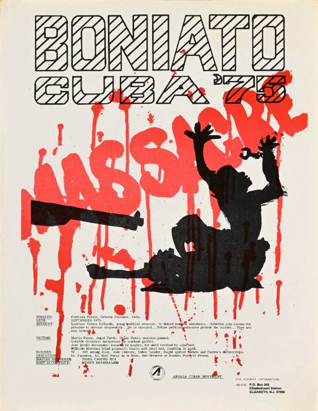 A poster of a silhouette of a gun pointed towards a pile of bodies surrounded by red drips of blood