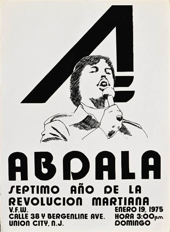 A poster of a man speaking into a microphone with his eyes closed on a black background