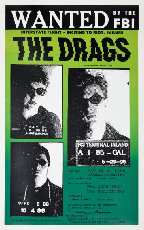 A poster of photographs of three white men in sunglasses printed on a blue and green background made to look like a wanted poster