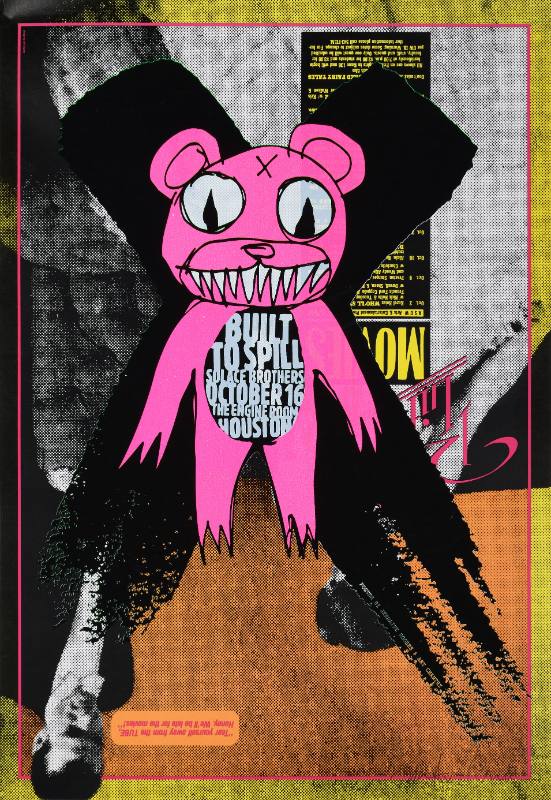 A poster of a creepy pink teddy bear on an abstract background