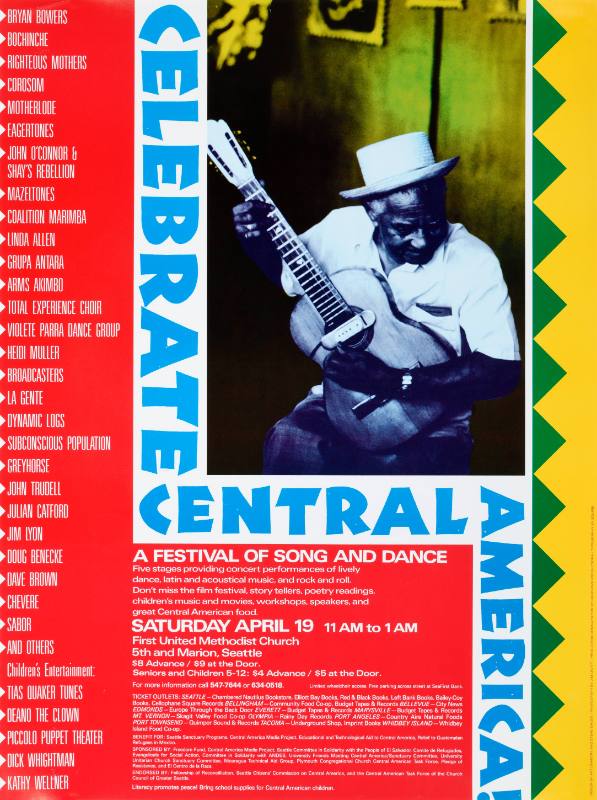 A poster of a Black musician printed on a colorful geometric background