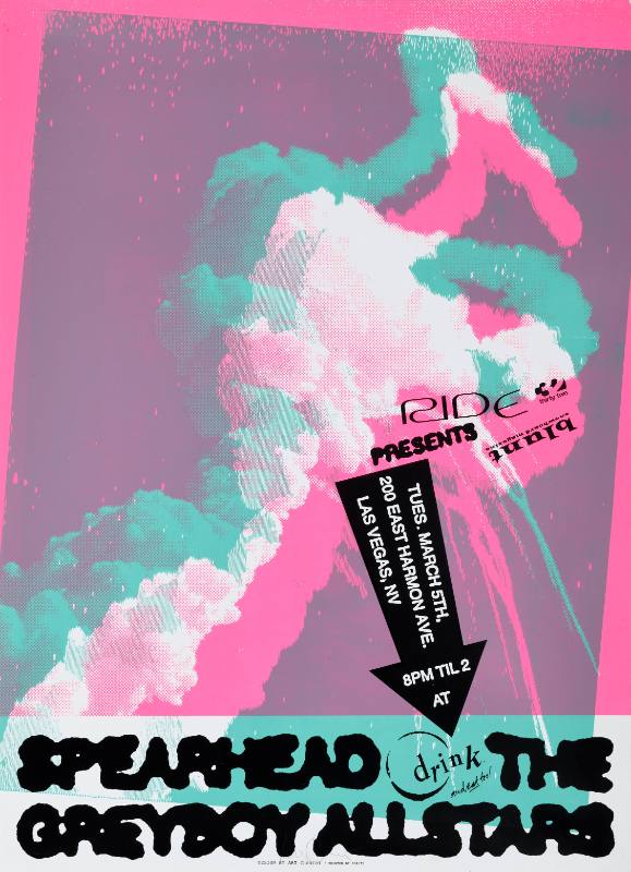 A poster of a musician singing printed in pink, blue, and white