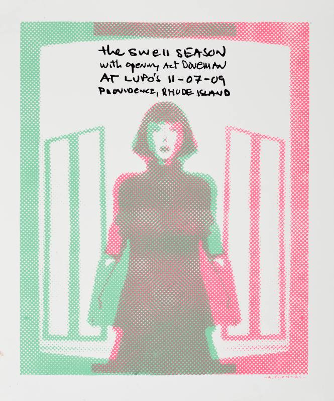 A poster of a white woman standing with her arms at her sides printed in green and pink