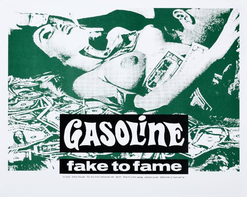 A poster of a topless woman lying on the ground printed in green