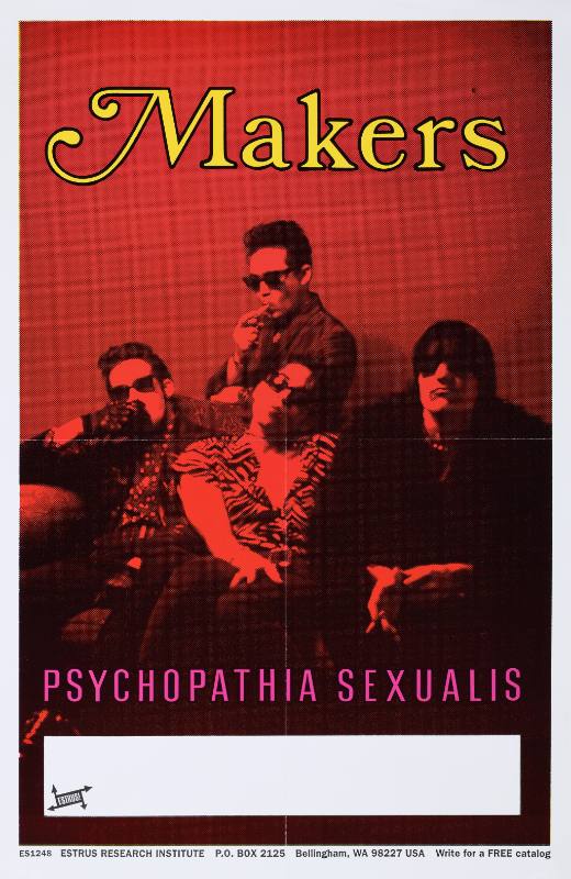 A poster of a group of white men in sunglasses printed on a red background