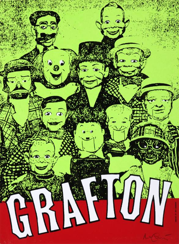 A poster of a group of puppets printed in neon green