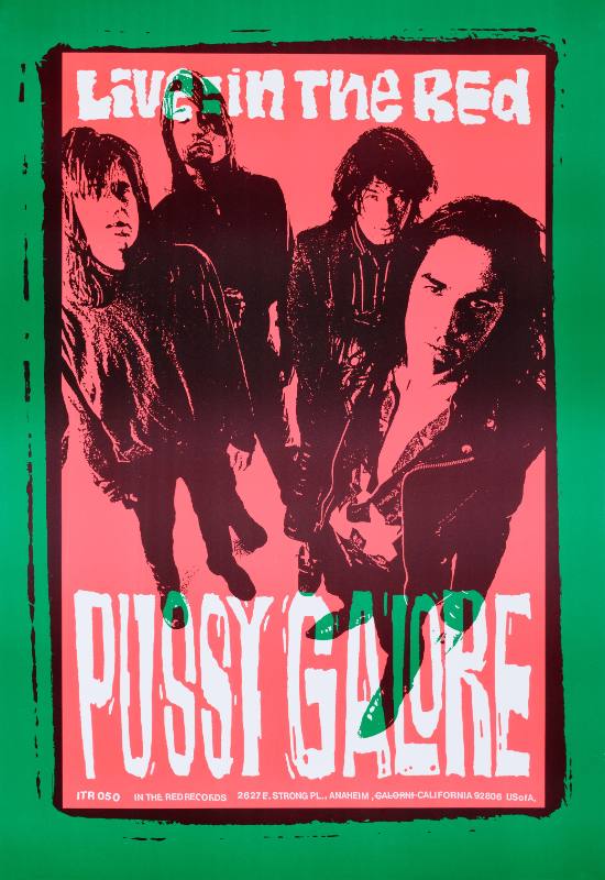 A poster of a group of men with long hair looking up at the viewer printed on a red and green background