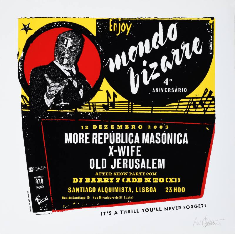 A poster of a wrestler in a suit posing next to stripes of text