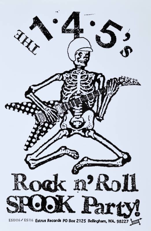 A poster of a skeleton with a guitar on a white background
