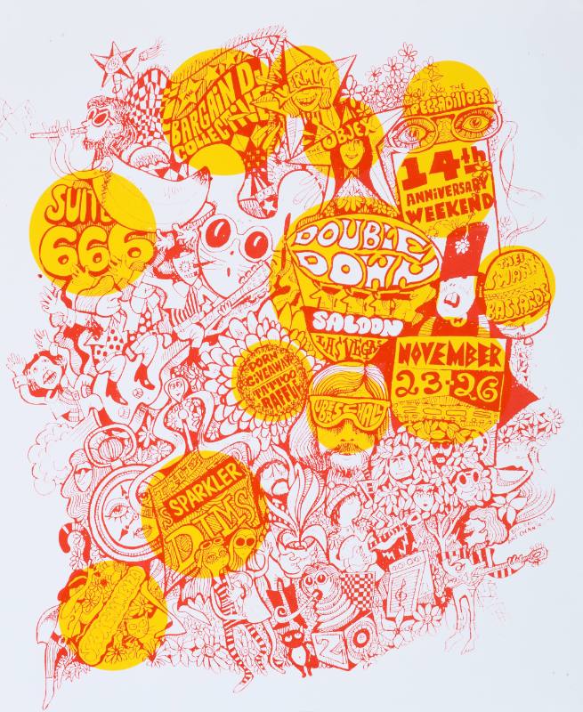 A poster of a crowd of cartoon animals and people printed in red and yellow on a white background