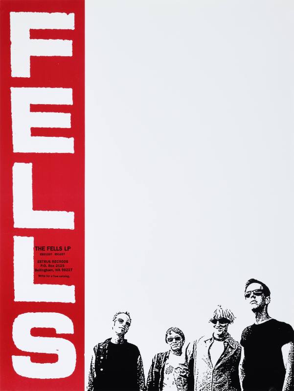 A poster of a group of white men posing against a white background with a stripe of red text