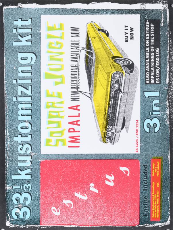 A poster of a car advertisement surrounded by colorful text