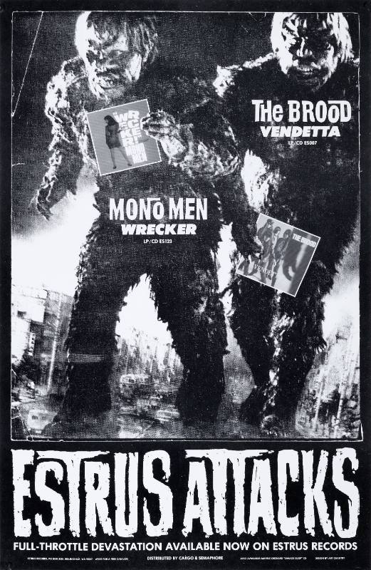 A poster of two giant cartoon monsters fighting each other with wavy text below them