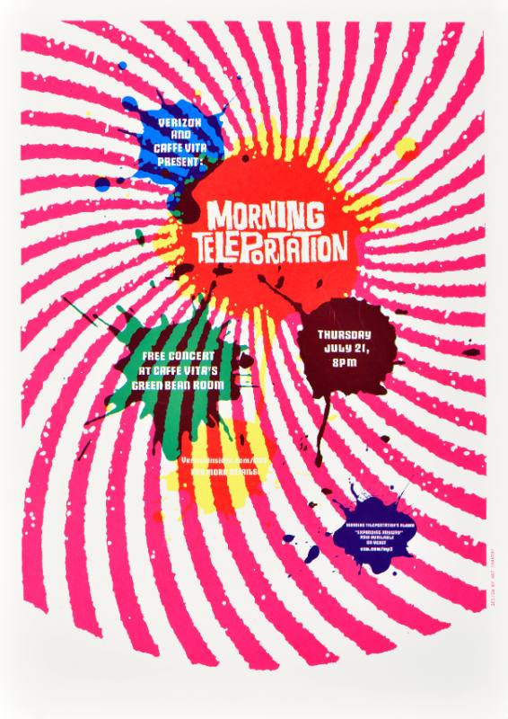 A poster of colorful blobs on a red spiral background