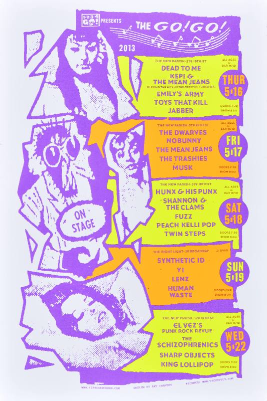 A poster of cartoon men and women printed in neon yellow purple and orange