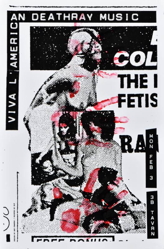 A poster of a shadowy black and white figure with text curling around them