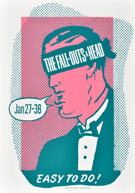 A poster of a pink man with a blindfold over his eyes