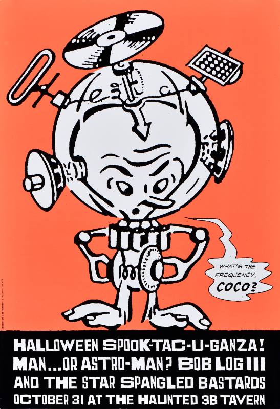 A poster of a cartoon robot printed on an orange background