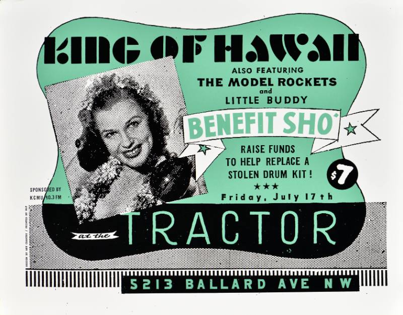 A poster of a white woman smiling in a flower necklace printed on a teal and black background