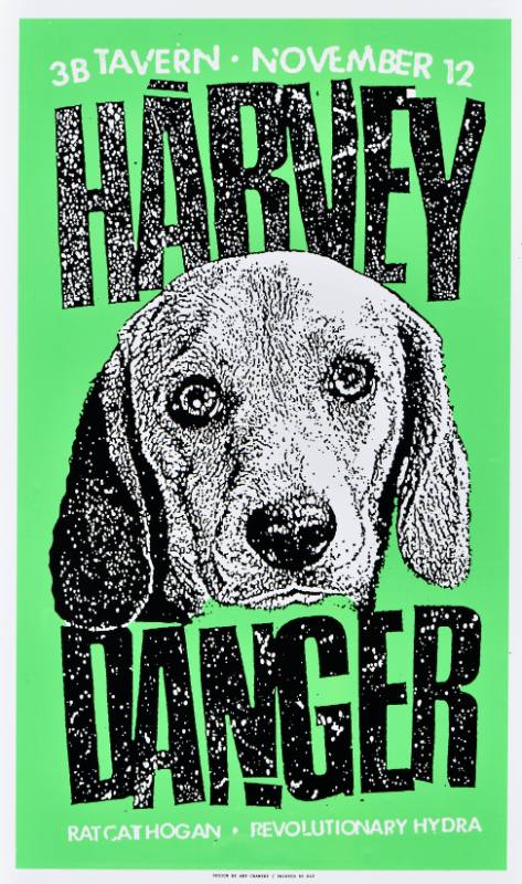 A poster of a dog printed in front of bold black text on a neon green background
