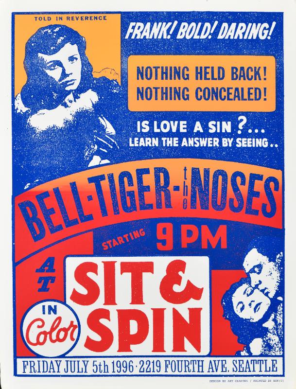 A poster of a white woman with a serious expression printed on top of lines of colorful text