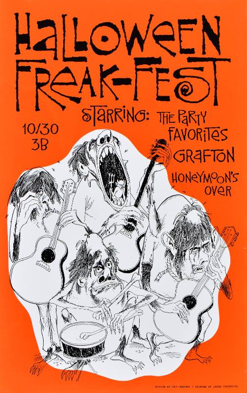 A poster of a group of hand drawn monsters printed on an orange background