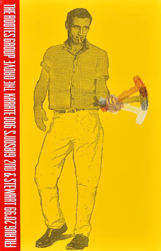A poster of a man holding a hammer printed on a yellow background