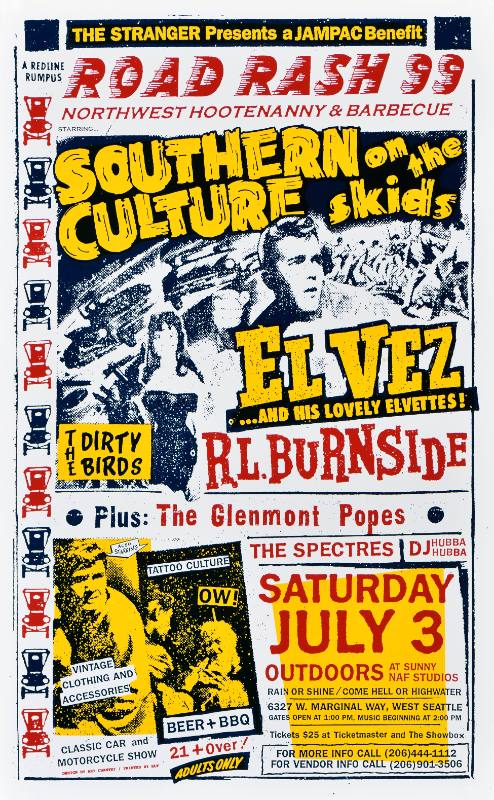 A poster covered in colorful text and scenes from horror movies