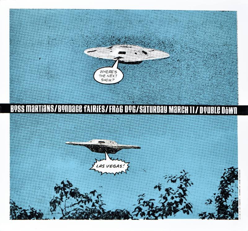 A poster of a flying space ship on a blue background