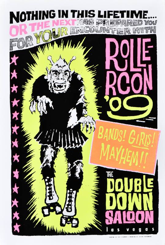 A poster of a monster printed in black on a neon yellow background with pink text next to it