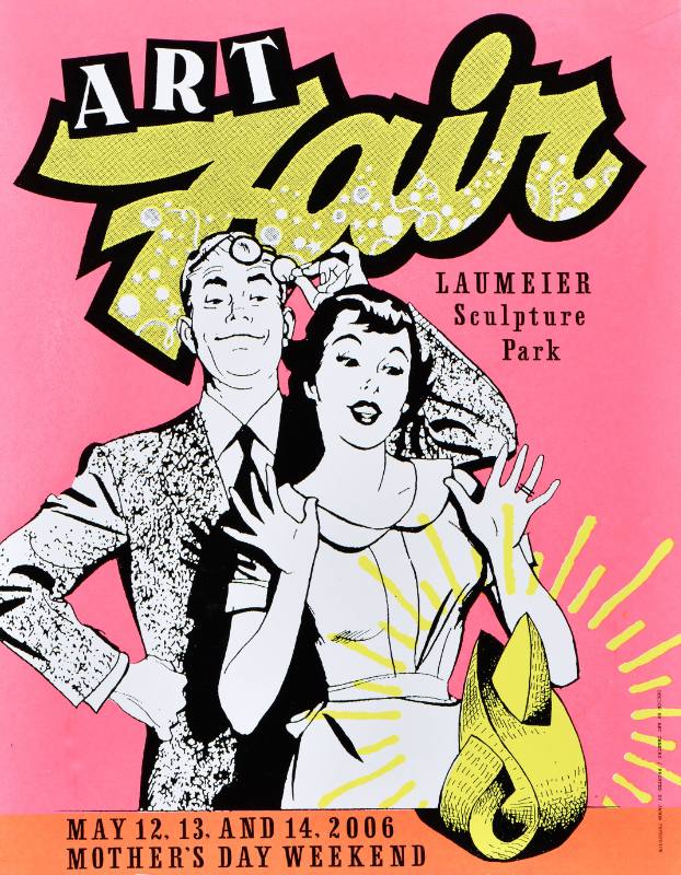 A poster of a cartoon white man and woman with surprised expressions on a neon pink background