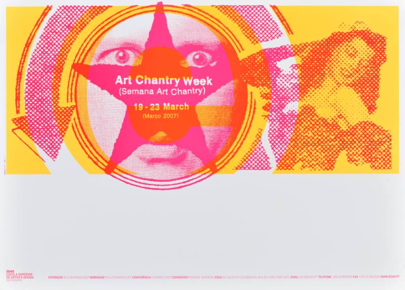 A poster of a man and a woman's face printed inside of a large star printed in neon pink, yellow, and white.