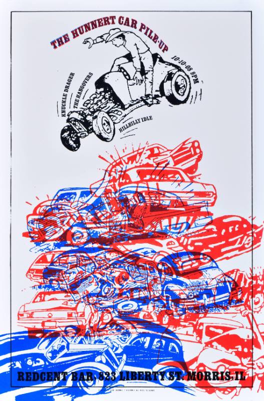 A poster of a black car driving over a pile of red and blue cars