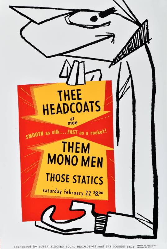 A poster of a cartoon man holding a red and yellow poster covered in arrows