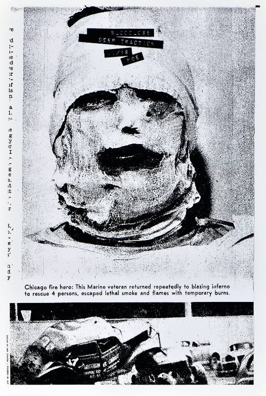 A poster of a mummy wrapped in bandages with black tape with writing on it over his head