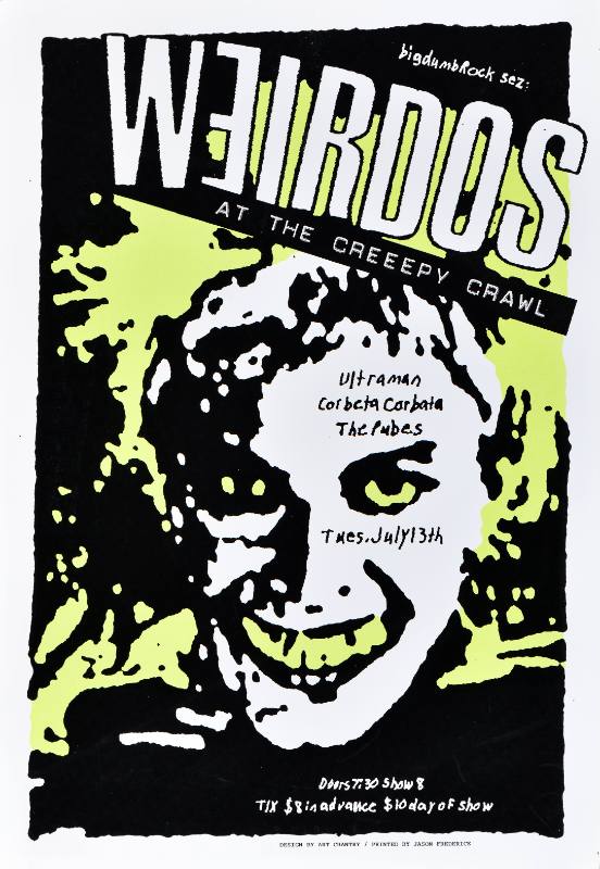 A poster of a creepy white man leering at the viewer printed in green, black, and white