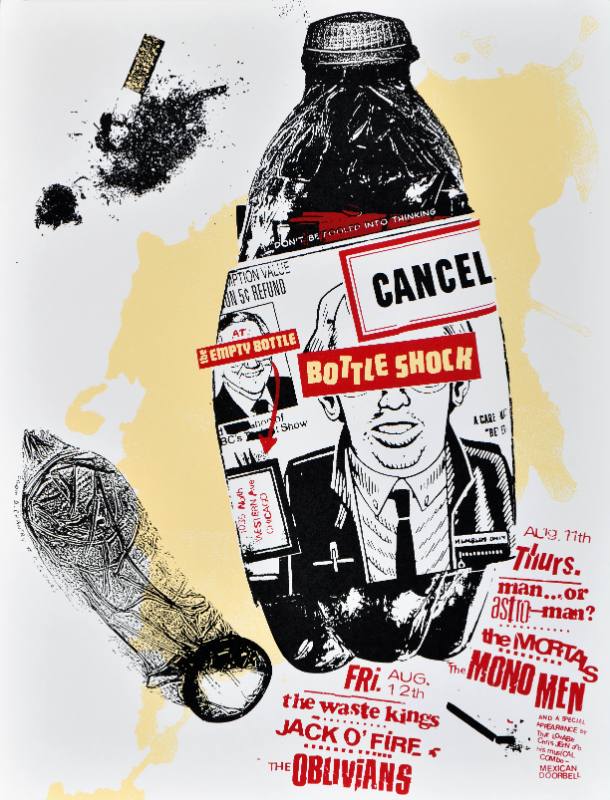 A poster of a soda bottle surrounded by photographs of a disgruntled white man and a condom