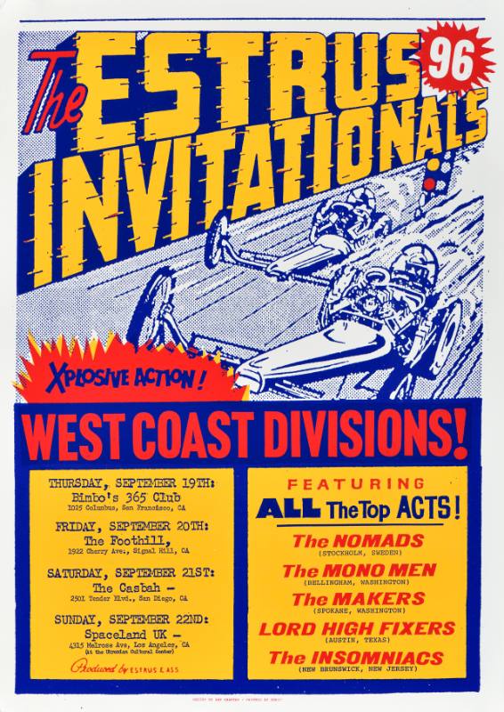 A poster of two speeding race cars surrounded by orange blocks of text