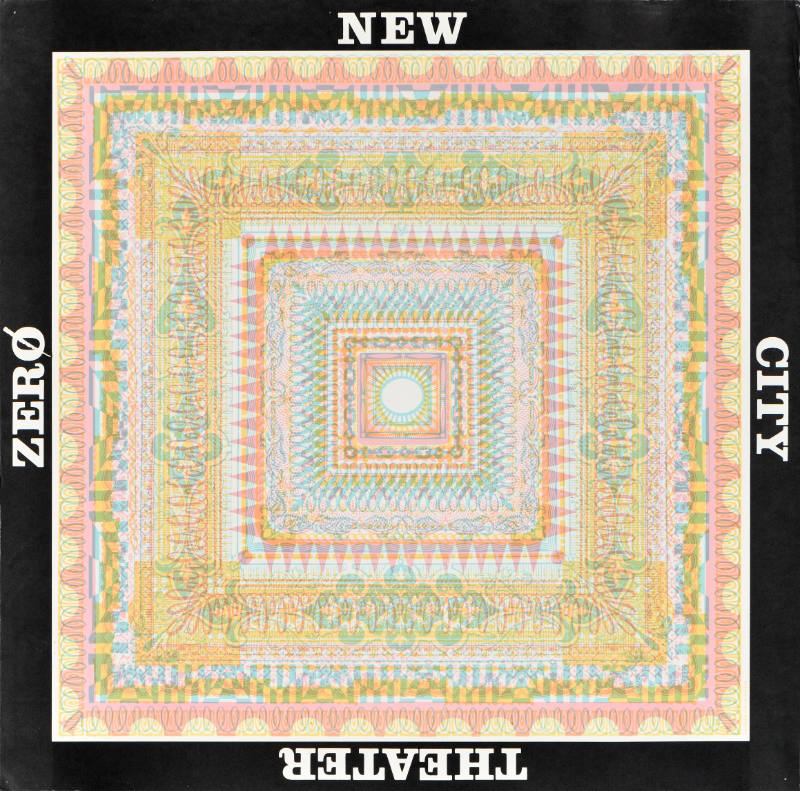 A poster of rows of concentric squares printed in light colors with a bold black border