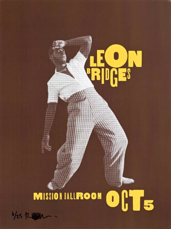 A poster of a Black man bending with his hand on his head on a black background